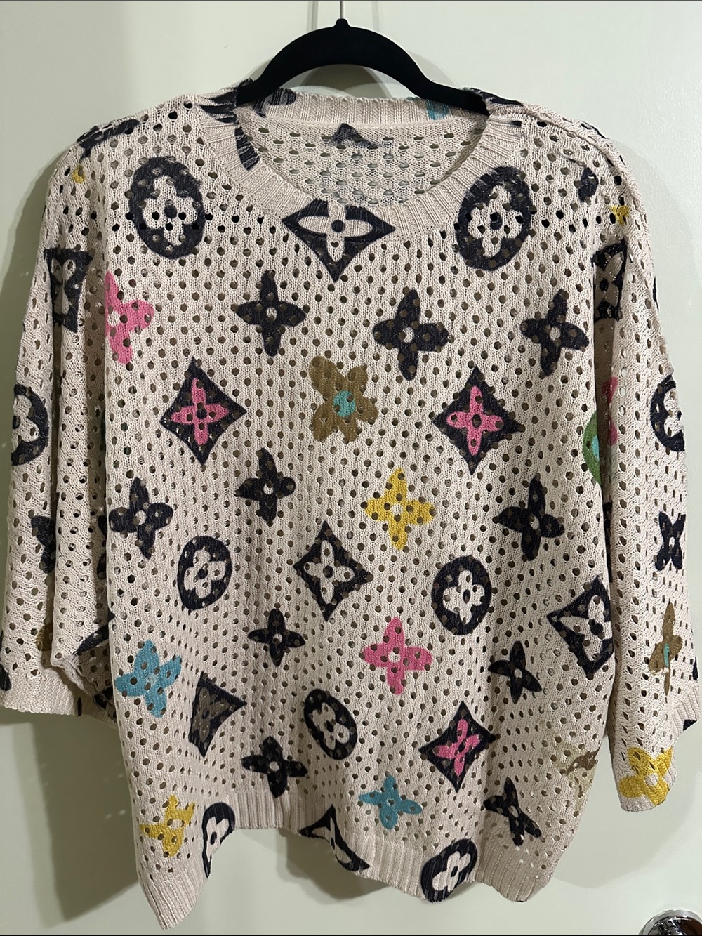 Beige Crewneck Sweater with Multicolor Monogram Motif